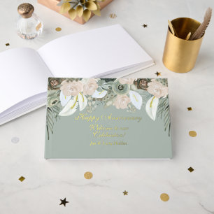 Sage and Cream Gold Foil Anniversary Floral Guest Book