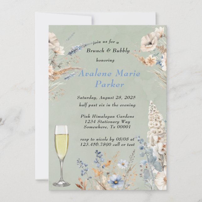 Sage And Dusty Blue Floral Brunch & Bubbly Invitation (Front)
