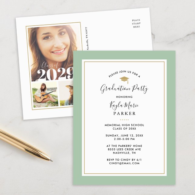 Sage and Gold 3 Photo Graduation Party Invitation (Creator Uploaded)