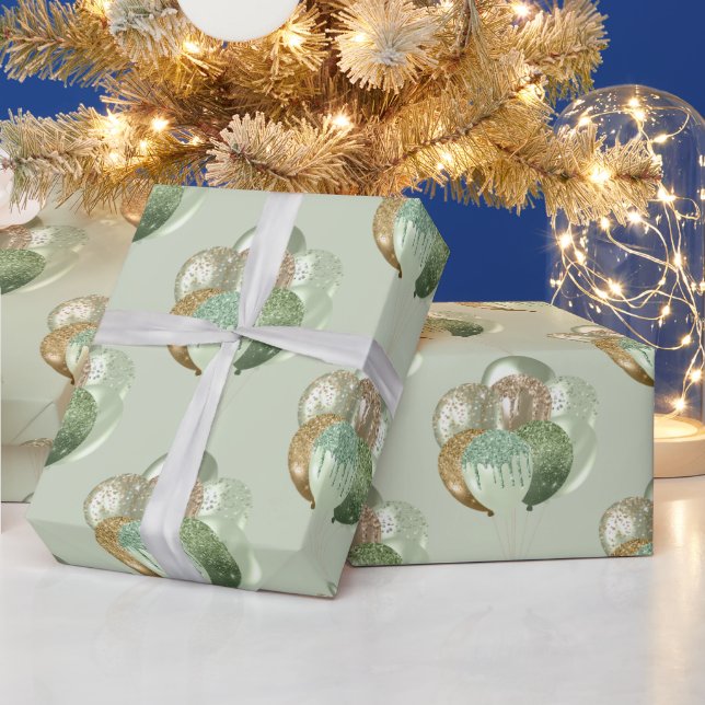 Sage and Gold Balloons Pattern Wrapping Paper (Holidays)