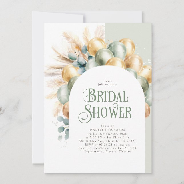 Sage and Gold Boho Arch Elegant Bridal Shower Invitation (Front)