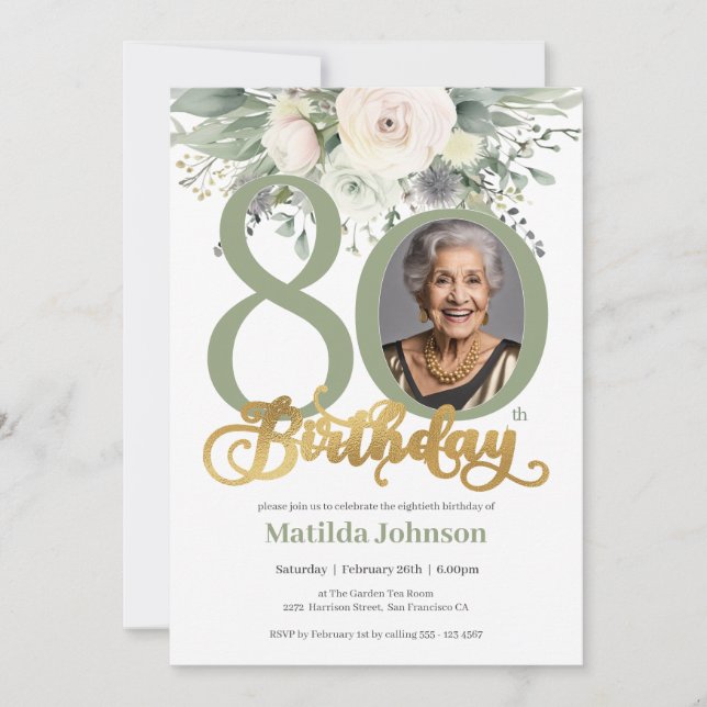 Sage and Gold Floral Photo 80th Birthday  Invitation (Front)