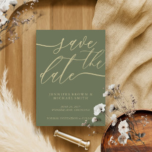 Sage and Gold Wedding Custom Photo Calligraphic Save The Date