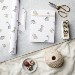 Sage and Grey Watercolor Dinosaur Gift Wrap
