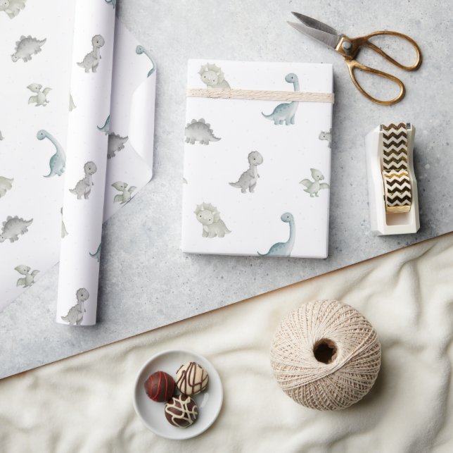 Sage and Grey Watercolor Dinosaur Gift Wrap (Crafts)