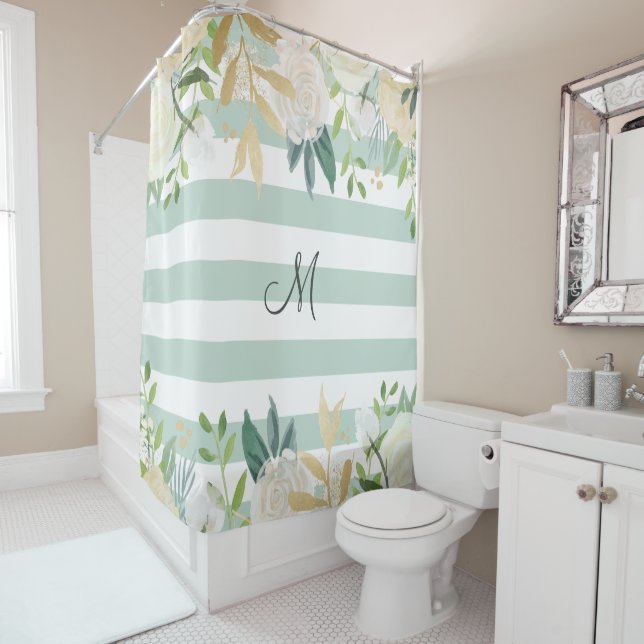 Sage and Ivory | Flowers and Stripes Monogram Shower Curtain (In Situ)