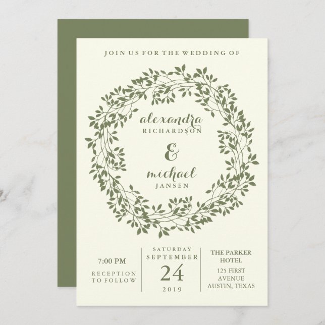 Sage and Ivory Rustic Botanical Wreath Wedding Invitation (Front/Back)