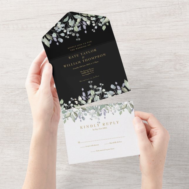 Sage And Lilac Floral Black Gold Monogram Wedding All In One Invitation (Tearaway)