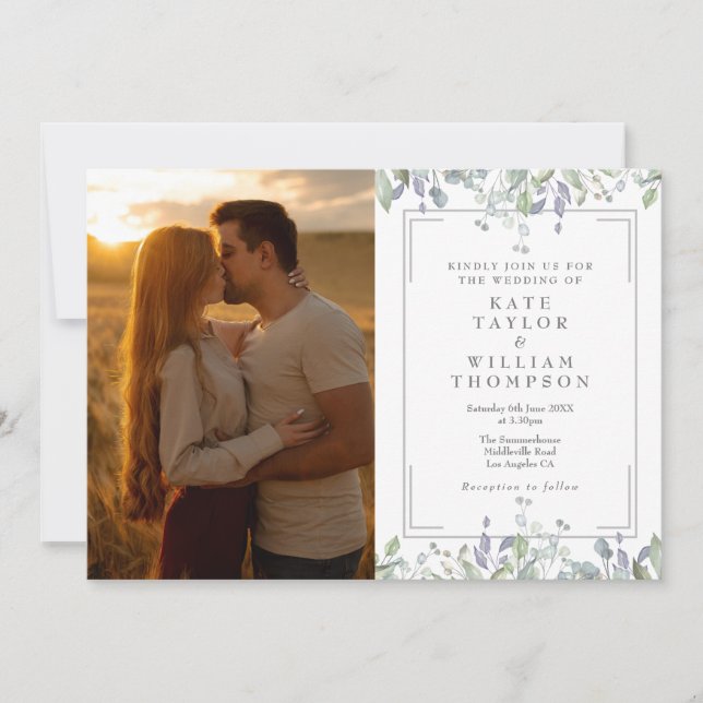 Sage And Lilac Floral Photo All In One Wedding Invitation (Front)