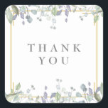 Sage and Lilac Floral Thank You Favour Square Sticker<br><div class="desc">Designed to coordinate with our Sage and lilac pasture wedding collection. Pretty sage and lilac leaves tumble over an elegant gold frame enclosing your thank you message set in classic elegant text. Designed by Thisisnotme©</div>