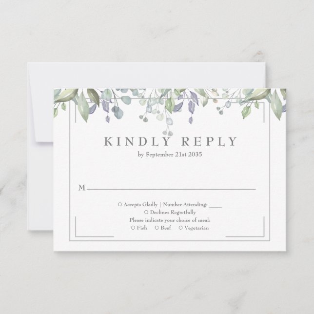 Sage and Lilac Greenery Floral Wedding RSVP Card (Front)