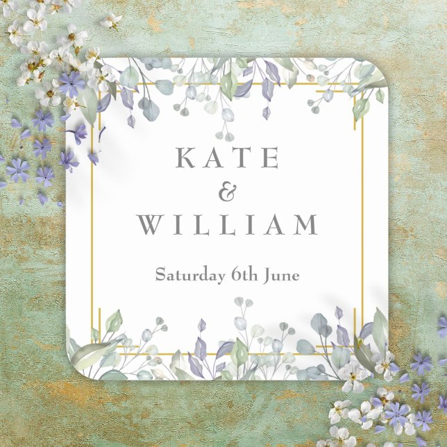 Sage and Lilac Watercolour Floral Wedding Square Sticker (Sage and Lilac Watercolour Floral Wedding Square Sticker)