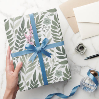 Sage and Mint Ferns with Blooms Wrapping Paper