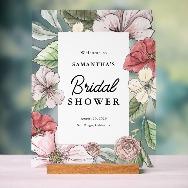 Sage and Pink Floral Bridal Shower Welcome Acrylic Sign (Neutral)
