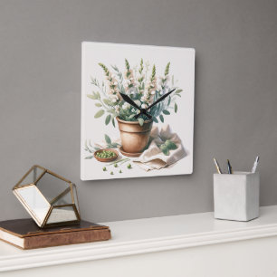 Sage and Sweet Pea Flowers in Clay Pot Square Wall Clock