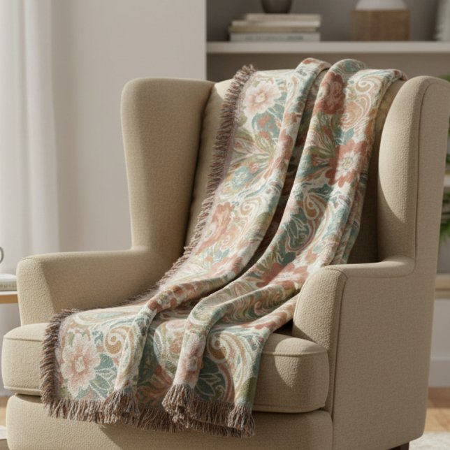 Sage and Terracotta Botanical Mindfulness Throw Blanket (Heirloom floral throw blanket)