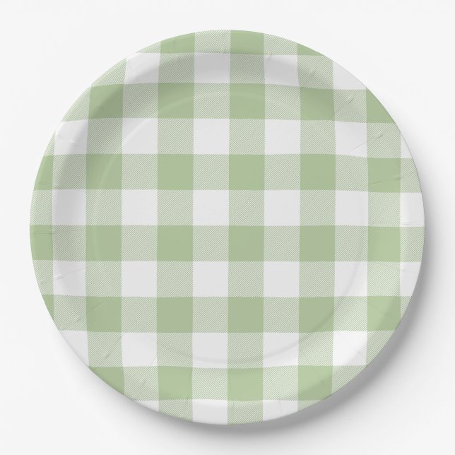 Sage and White Buffalo Plaid Gingham Paper Plate (Front)