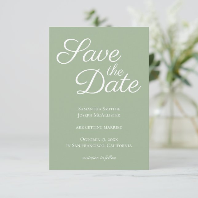 Sage and White Elegant Calligraphy Save the Date Invitation (Standing Front)