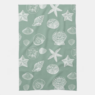 Sage and White Sea Shells Tea Towel