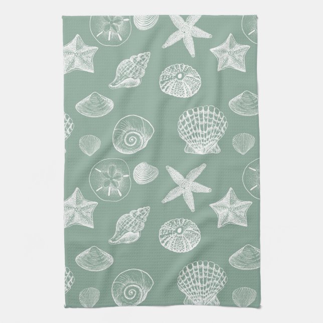 Sage and White Sea Shells Tea Towel (Vertical)