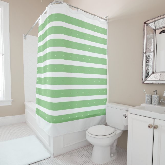 Sage and white stripes shower curtain (In Situ)