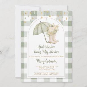 Sage April Showers Green Gingham Baby Shower Invitation