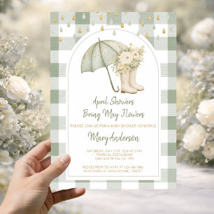 Sage April Showers Green Gingham Baby Shower Invitation