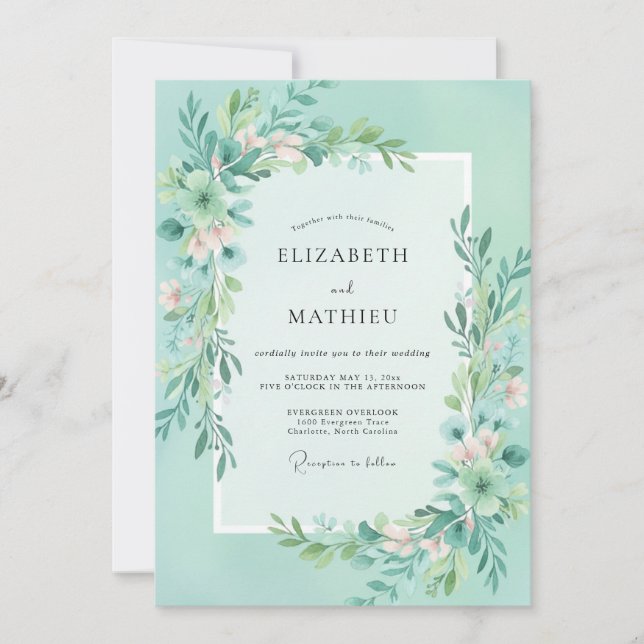 Sage Aqua Leafy Wedding Invitation (Front)
