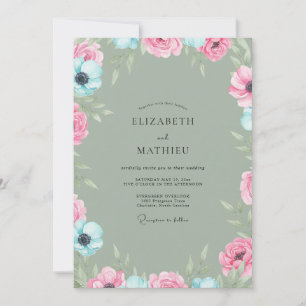 Sage Azure Pink Blossom Wedding Invitation
