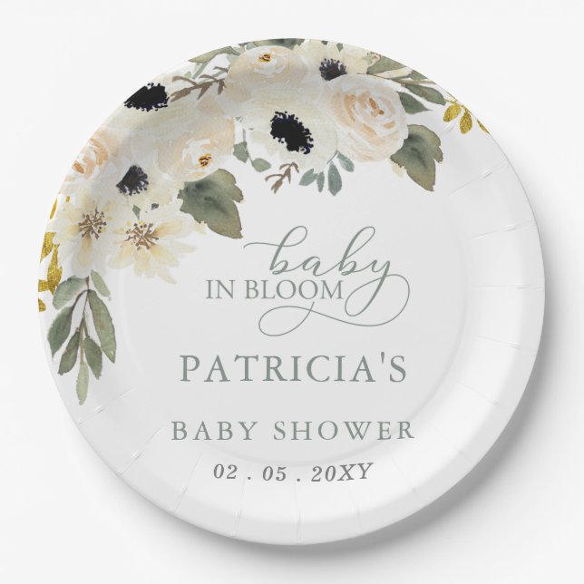 Sage Baby in Bloom Ivory Floral Girl Baby Shower Paper Plate (Front)