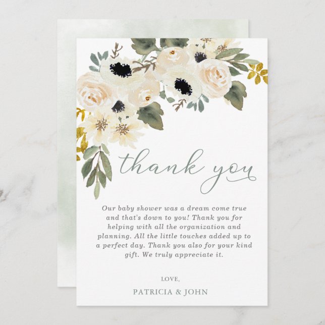 Sage Baby in Bloom Ivory Floral Girl Baby Shower Thank You Card (Front/Back)