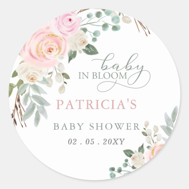 Sage Baby in Bloom Pink Floral Girl Baby Shower Classic Round Sticker (Front)