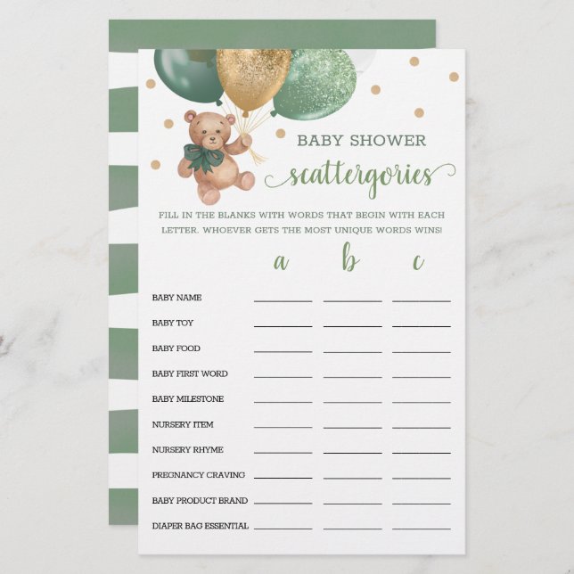 Sage Baby Shower Scattergories Game Teddy Bear  (Front/Back)