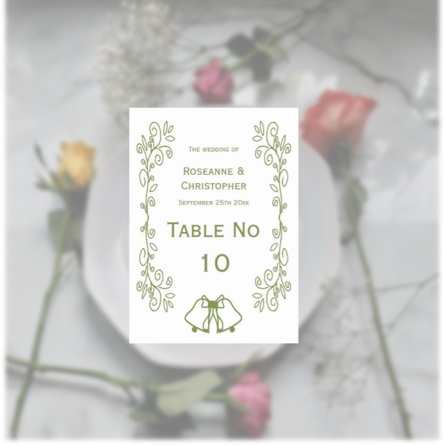 Sage Bells Scrollwork Design Wedding Table Number (Sage wedding table number bells and scrollwork design)