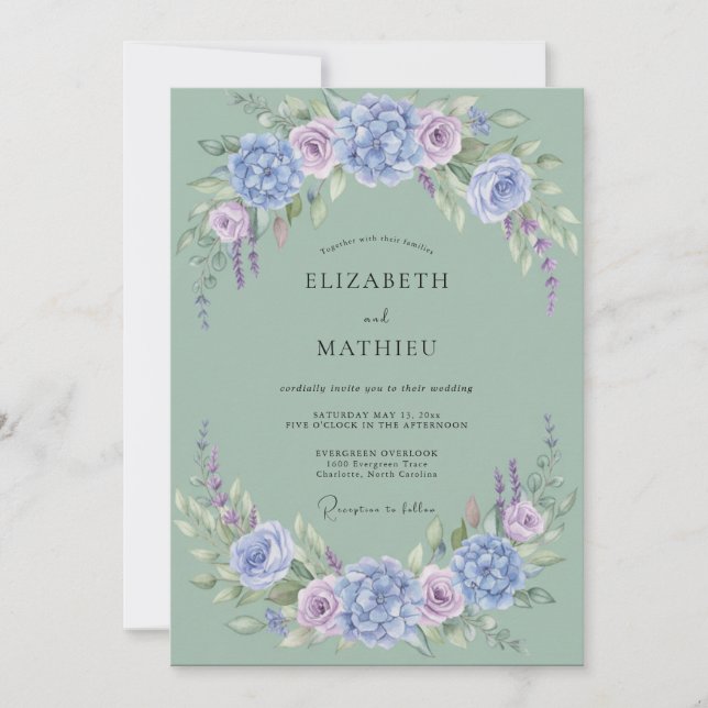 Sage Blue Blossom Arch Wedding Invitation (Front)