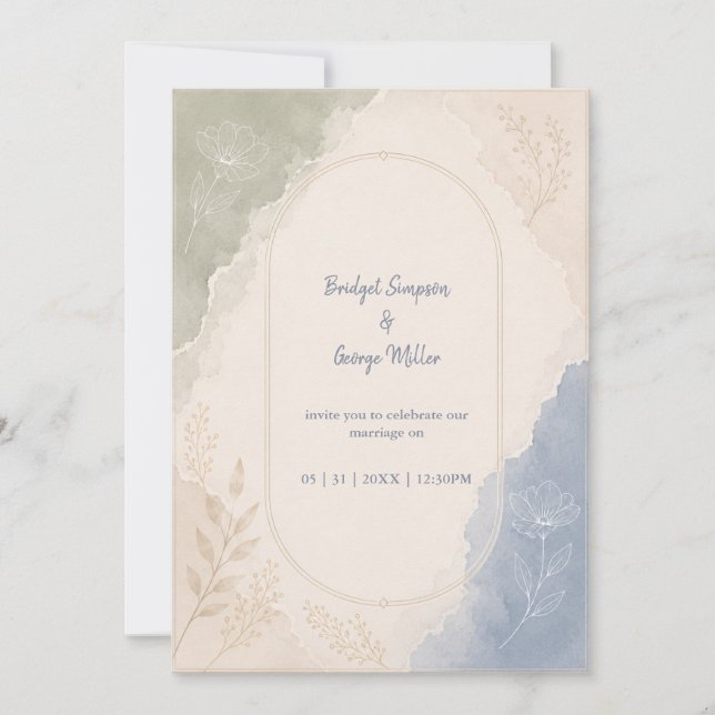 Sage Blue Botanical minimal Wedding  Invitation (Front)