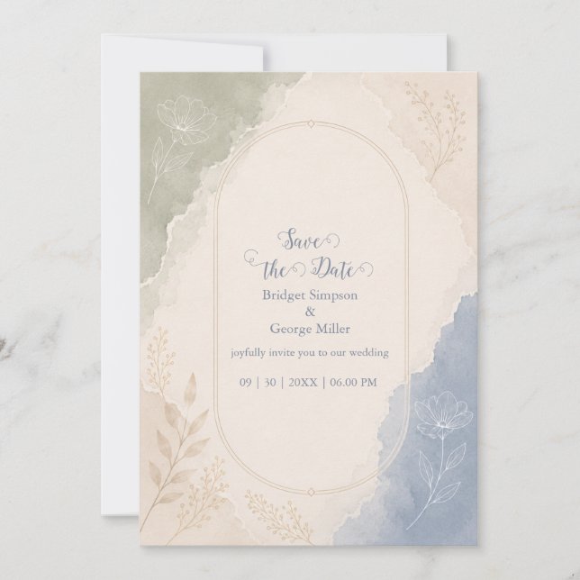 Sage Blue Botanical minimal Wedding  Invitation (Front)