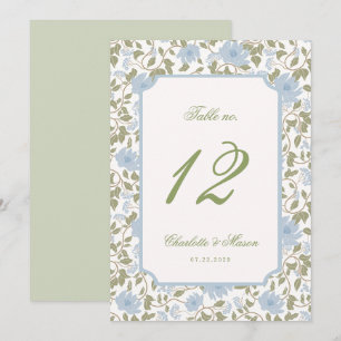 Sage Blue Chintz Floral Wedding Table Number Card