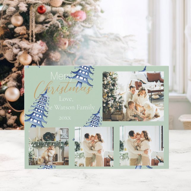 Sage blue Christmas Pagoda Trees 5-Photo  Holiday Card (Sage blue Christmas Pagoda Trees 5-Photo Holiday Card)