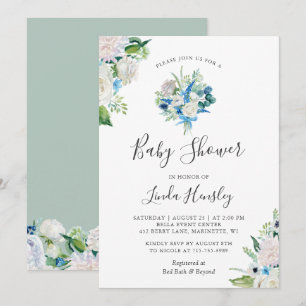 Sage Blue Floral Baby Shower Invitation