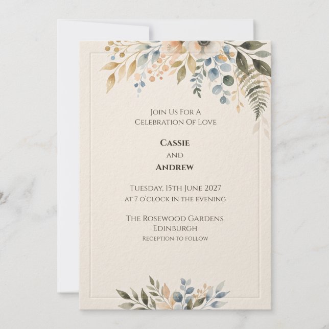 Sage Blue Gold Botanical Wedding Invitation (Front)