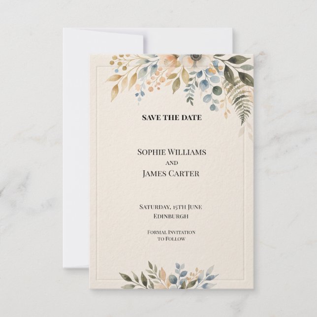Sage Blue Gold Botanical Wedding Save The Date (Front)