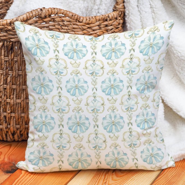 Sage Blue Ivory Floral Spring Summer Cushion (Sage Blue Ivory Floral Spring Summer Throw Pillow)