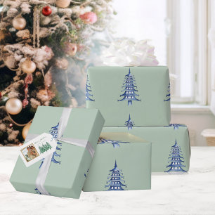 Sage Blue Pagoda Christmas Tree Pattern Wrapping  Paper