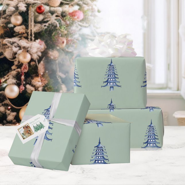 Sage Blue Pagoda Christmas Tree Pattern Wrapping  Paper (Sage Blue Pagoda Christmas Tree Pattern Wrapping Wrapping Paper)