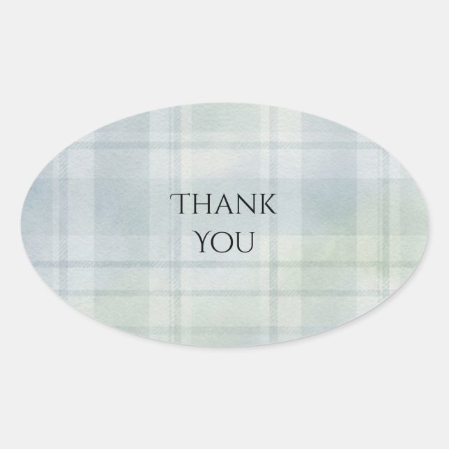 Sage Blue Watercolor Tartan Wedding Favor Oval Sticker (Front)