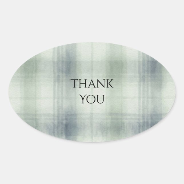Sage Blue Watercolor Tartan Wedding Thank You Oval Sticker (Front)