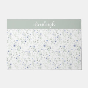 Sage Blue Watercolor Wildflower Monogram Name Doormat