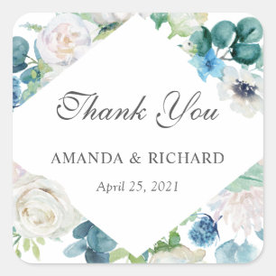 Sage Blue White Floral Wedding Thank You Sticker