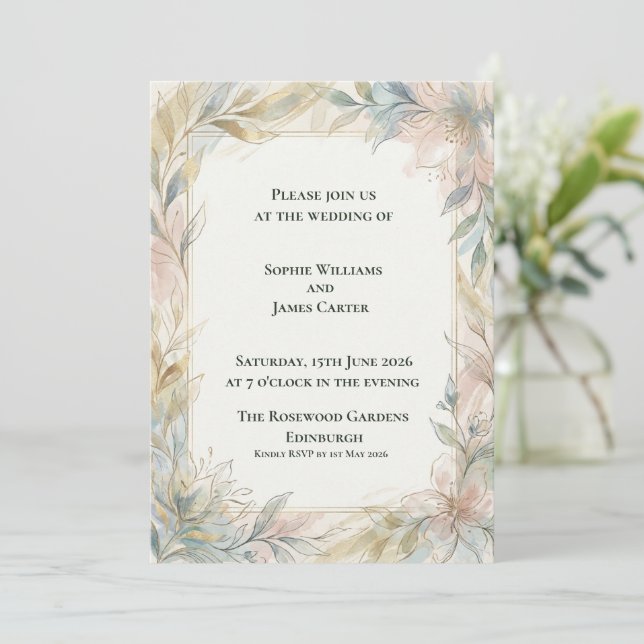 Sage Blush Botanical Wedding Invitation (Standing Front)